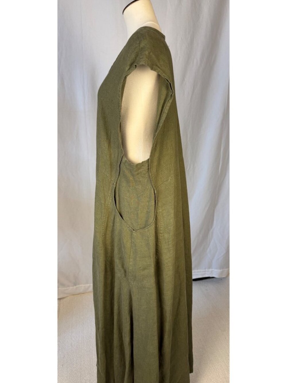 Flax Jeanne Engelhart Olive Green Linen Maxi Dress Large Lagenlook Minimalist - Picture 9 of 13